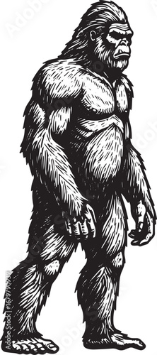 Mysterious creature illustration: Monochrome drawing of a yeti-l