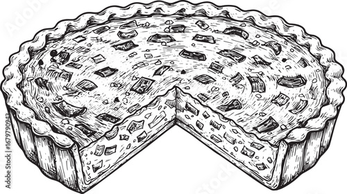 Hand-drawn quiche illustration in detailed woodcut style on whit