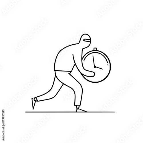 Stealing time concept illustration featuring a thief running with a clock in a minimalist style drawing
