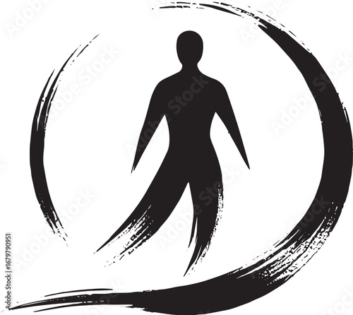 Ink Wash Figure Embodiment: Minimalist Silhouette within an Enso