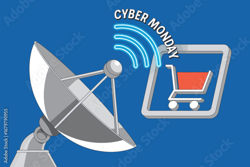 A satellite dish and a shopping cart icon with cyber monday text on a blue background illustration