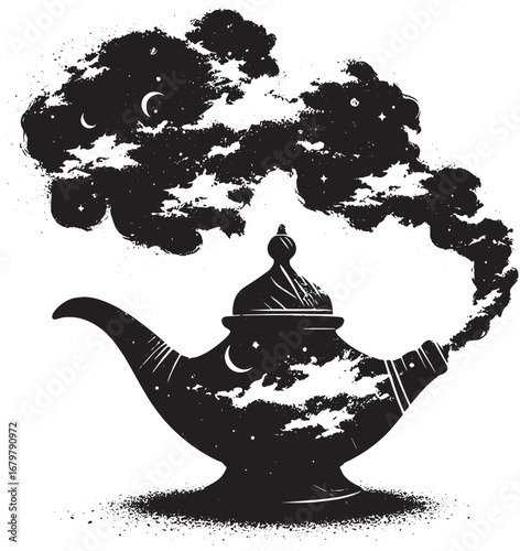 Magical Genie Lamp Silhouette Erupting with Smoke and Celestial Elements Illustration