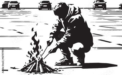 Solitary figure starting a fire in an urban, black and white sum