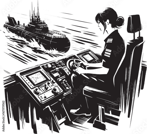 Focused female submersible captain navigating underwater vessel