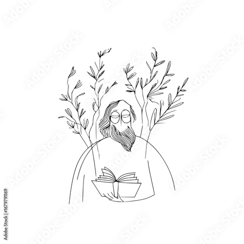 Illustration of a wise man reading a book surrounded by trees in a minimalist drawing style art work