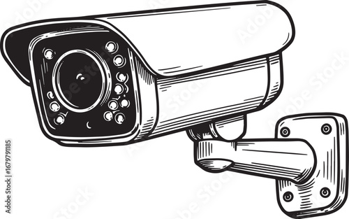 Intricate Monochrome Security Camera Illustration with Woodcut H