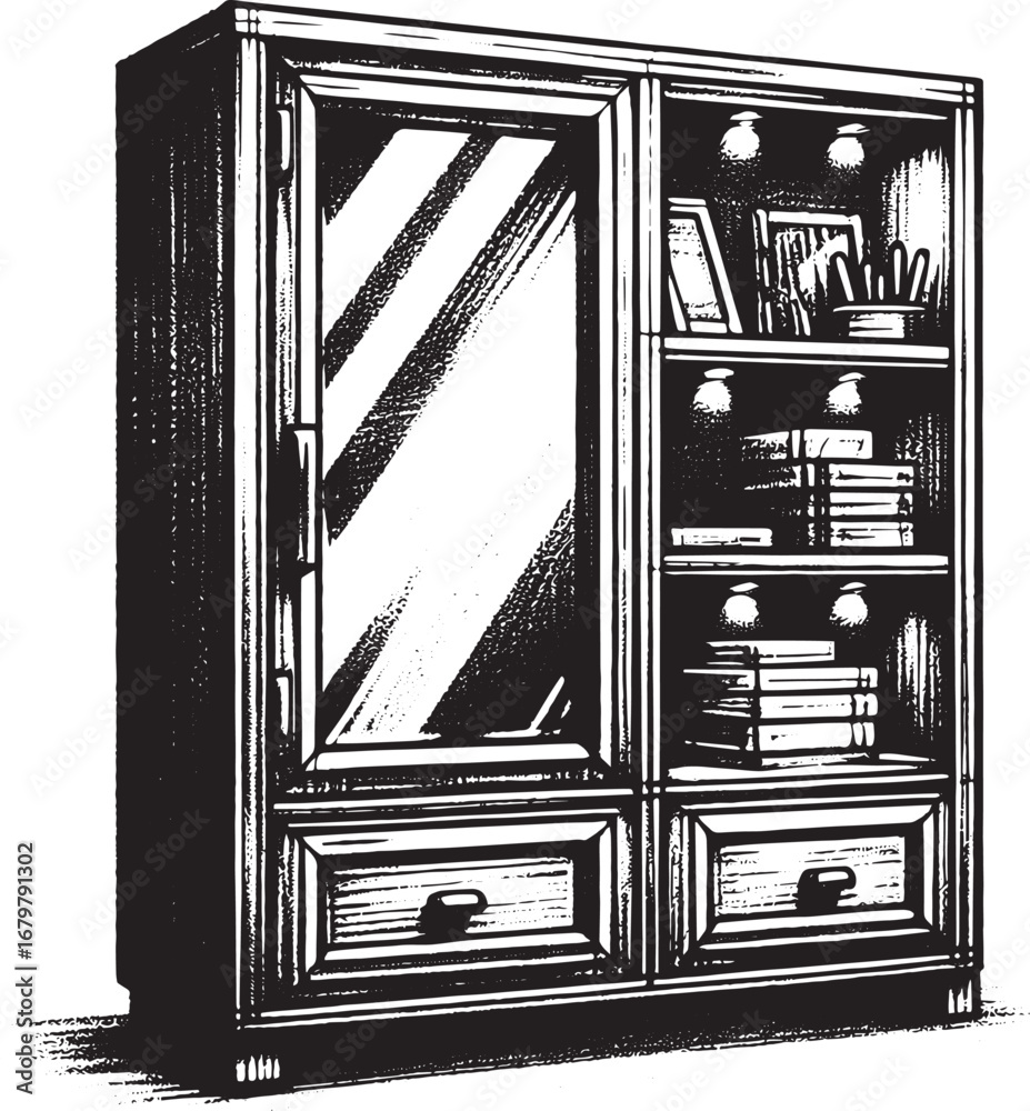 Fototapeta premium Detailed Black and White Illustration of a Vintage Wooden Cabinet with Books and Mirror