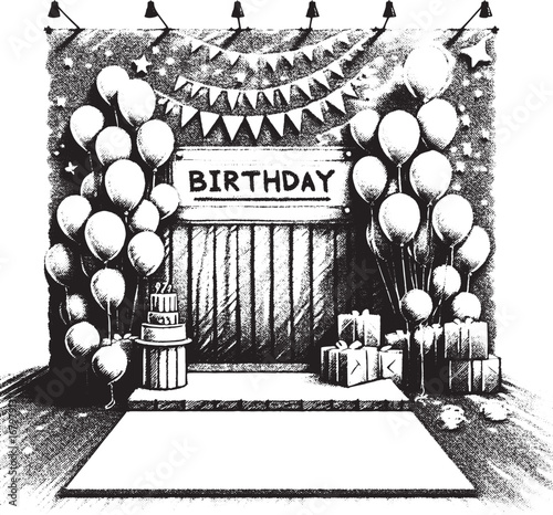 A Black and White Illustration of a Birthday Party Scene with Balloons, Cake, and Gifts