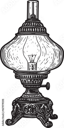 Antique oil lamp in a vintage woodcut style, black and white dra