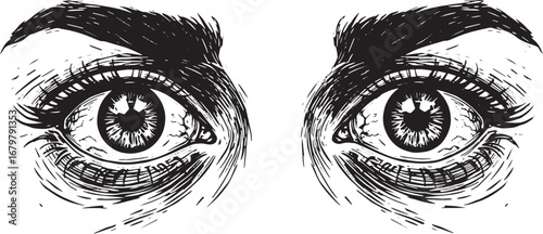 Intense Gaze: A Striking Black and White Woodcut Illustration of