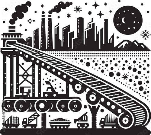 Industrial Landscape Depicting Factories, Conveyor Belt, and Urban Skyline in Black and White