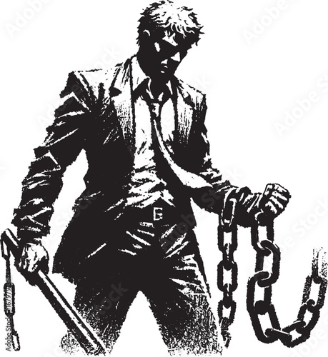A determined businessman breaking free from chains representing overcoming obstacles and struggle