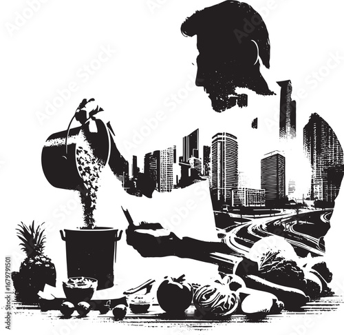 Creative Silhouette of a Chef Cooking with Cityscape Double Exposure Concept Art Design