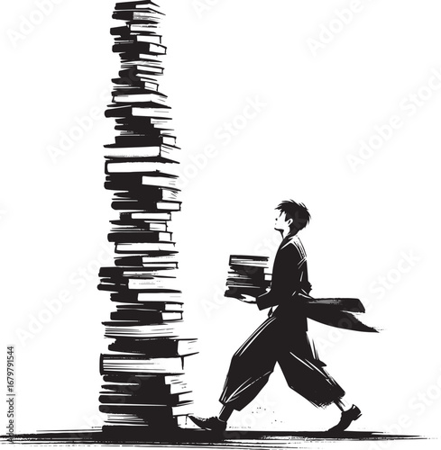 Conceptual Sumi-e Illustration: Man Balancing Tower of Knowledge