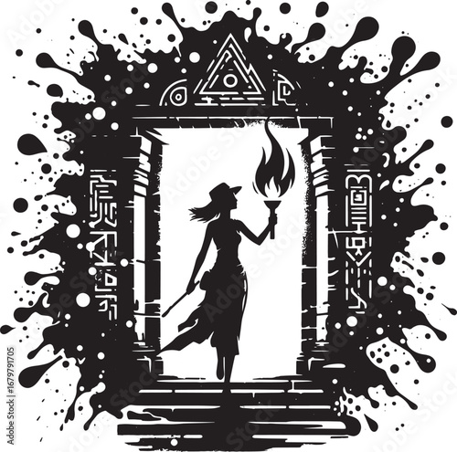 Silhouette of a woman holding a torch in front of an ancient temple gate with ink splash