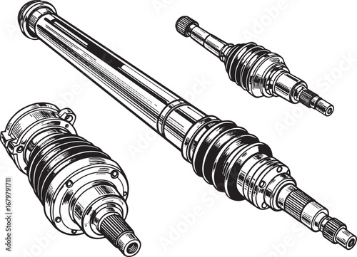 Detailed black and white illustration of automotive drive shafts