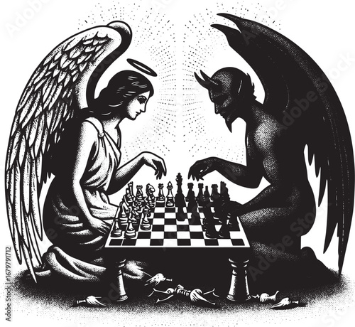 Intriguing Black and White Illustration of Angel vs Devil Chess Game, Symbolizing Duality