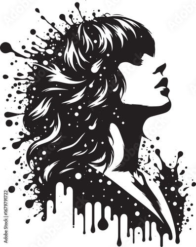 Artistic black and white silhouette of a woman with paint splashes, creative design illustration