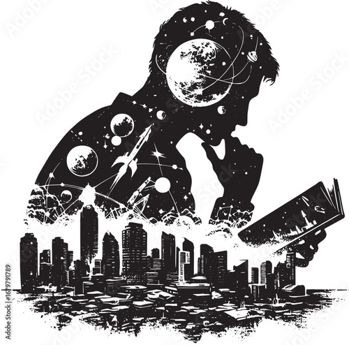Conceptual illustration of a person thinking about space and cities while reading a book