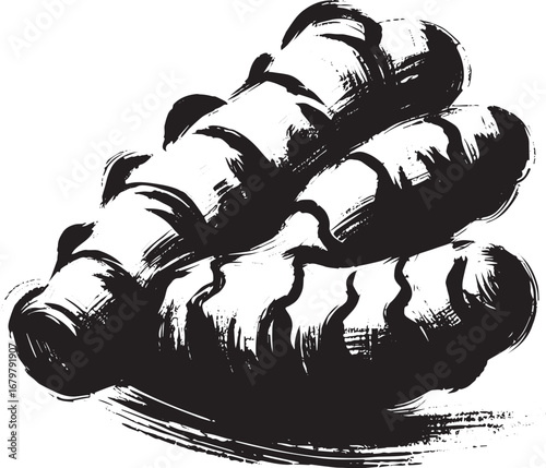 Minimalist Turmeric Rhizome Sumi-e Illustration in Black and Whi