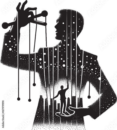 Silhouette illustration depicting manipulation, control, and puppet master concepts with an inner