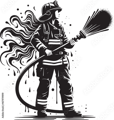 Black and White Illustration of a Female Firefighter Holding a Water Hose Spraying