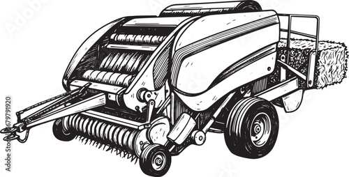 Detailed illustration of a hay baler machinery for farm usage in