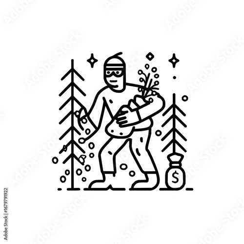 Illustration of a thief stealing christmas trees and money bag in a forest vector artwork design