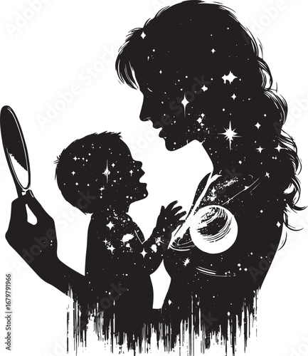 Silhouette of a mother and child with a galaxy inside, embracing a cosmic connection