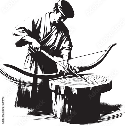 Sumi-e style illustration of a craftsman meticulously carving a
