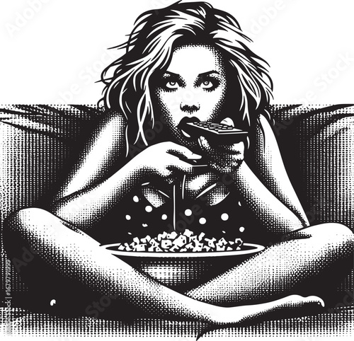 Woman watching TV and eating popcorn on a couch in black and white illustration style