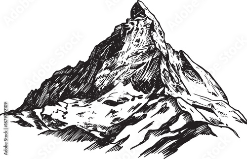 Dramatic Mountain Peak Illustration: Hand-Drawn Woodcut Style on