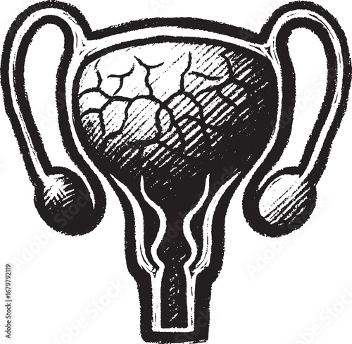 Detailed black and white illustration of the human female reproductive system showing uterus