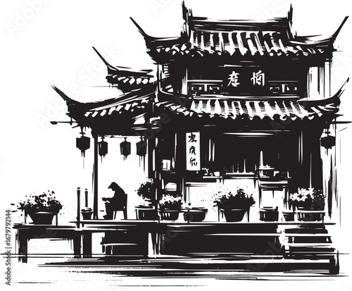 Sumi-e Illustration of Traditional Japanese Teahouse with Street