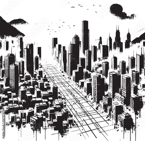 Monochrome cityscape rendered in a sumi-e style with dense build