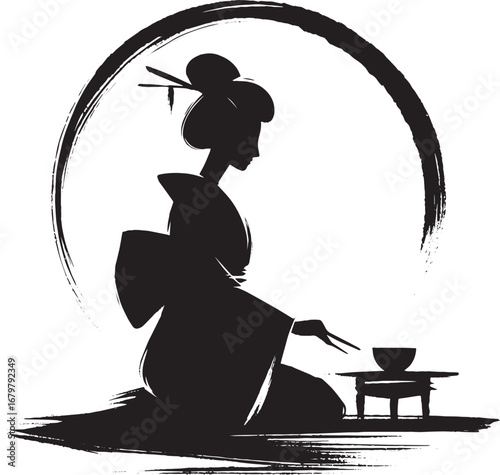 Elegance in simplicity, Sumi-e style geisha silhouette with tea