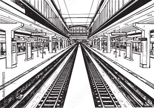 Monochromatic railway station platform depiction in woodcut grap
