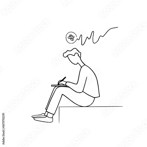 Illustration of creative writer sitting and writing with pen and paper with abstract thinking process