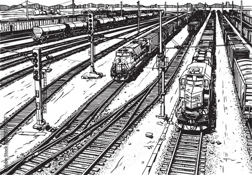 Monochrome depiction of a busy railway yard with trains and rail