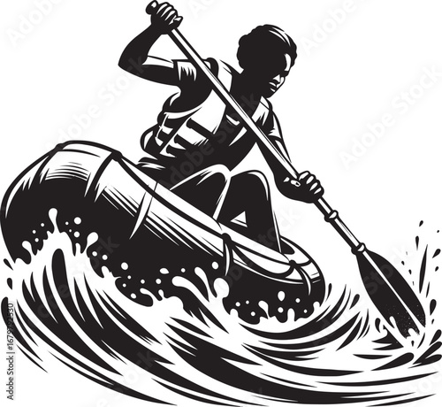 Monochromatic illustration of a determined woman rafting through