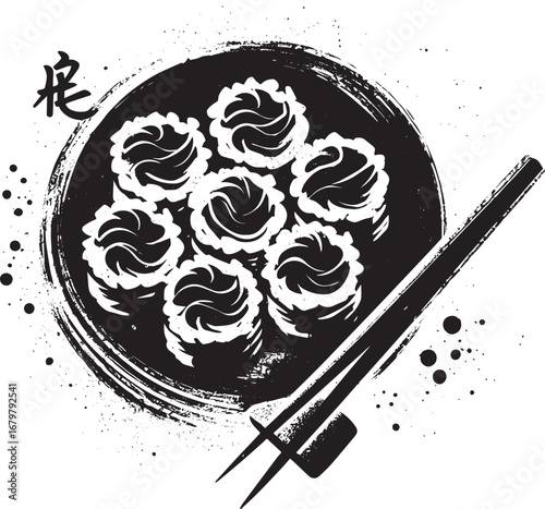 Minimalist Sumi-e Illustration of Spicy Tuna Rolls with Chopstic