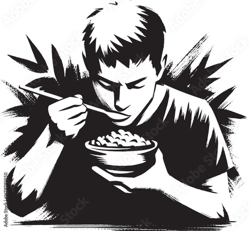 Monochromatic illustration of a man enjoying a meal with minimal