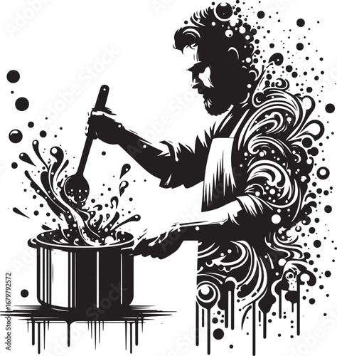 Silhouette of a Chef Cooking, Stirring, and Creating Artistic Splash Effects in the Kitchen