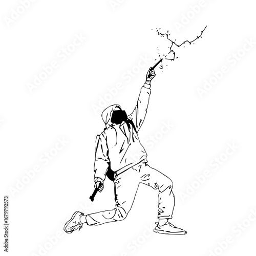 Vector art of hooded figure with flare gun illustration in black and white line drawing style artwork design