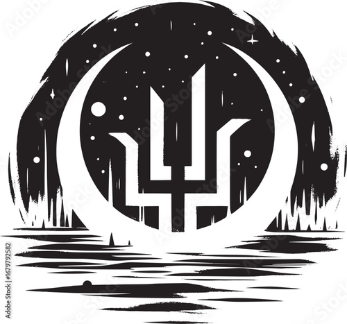 Monochrome emblem featuring crescent shape, stylized trident wit