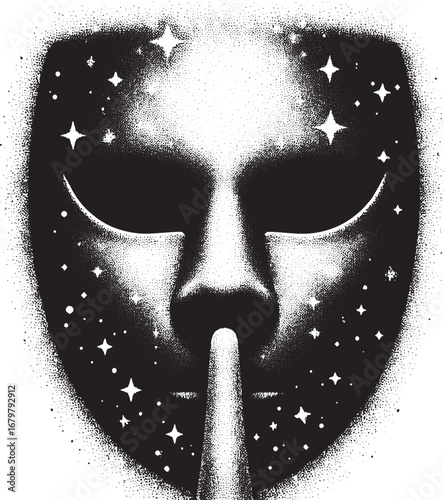 Intriguing black and white illustration of a cosmic mask with stars and closed eyes