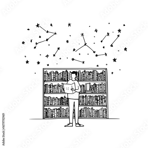 Man reading book in library with stars and constellations drawing vector illustration design concept art