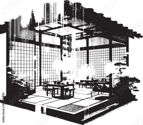 Black and White Illustration of a Japanese Interior Design with Traditional Elements