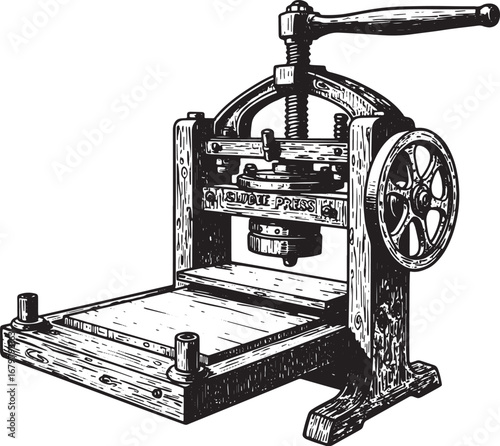 Detailed Woodcut Illustration of Vintage Sludge Press Machinery