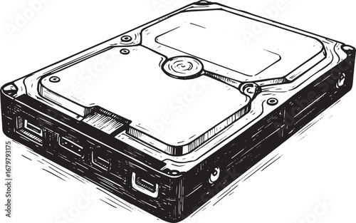 Monochrome illustration of an external hard drive with precision